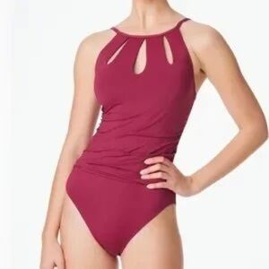 Women's One Piece Swimsuit High Neck Tummy Control Swimwear Red Bathing Suit XL
